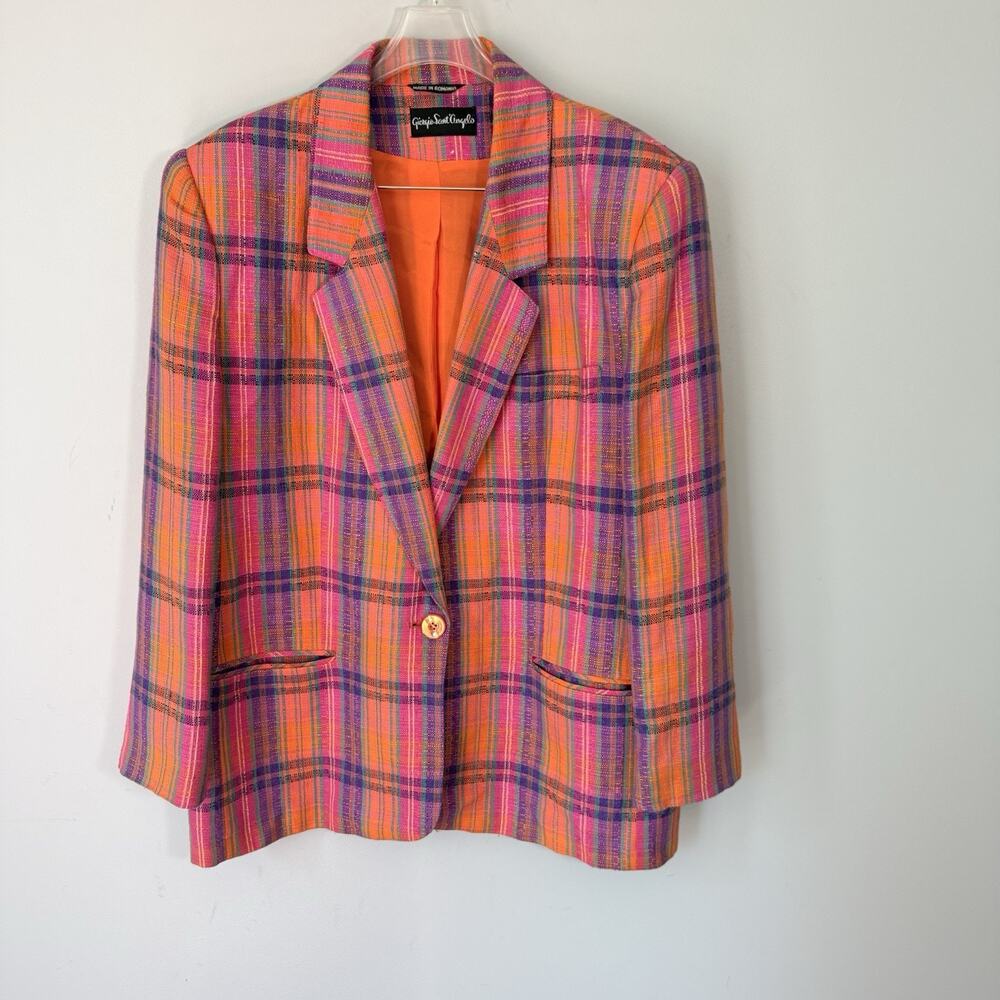 Vintage Pink Plaid Jacket Size 16 Blazer Linen Cotton Blend 90s Colorful Preppy